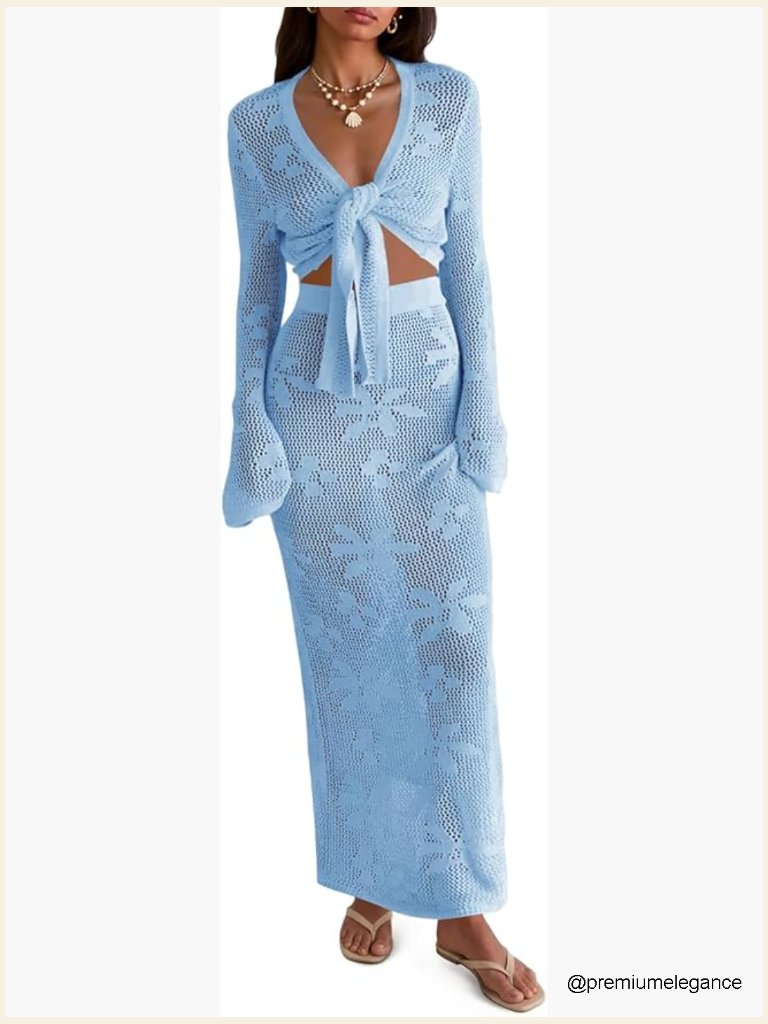 Crochet Swim Cover Up 2 Piece V Neck Long Sleeve Wrap Tie Crop Top Maxi Beach